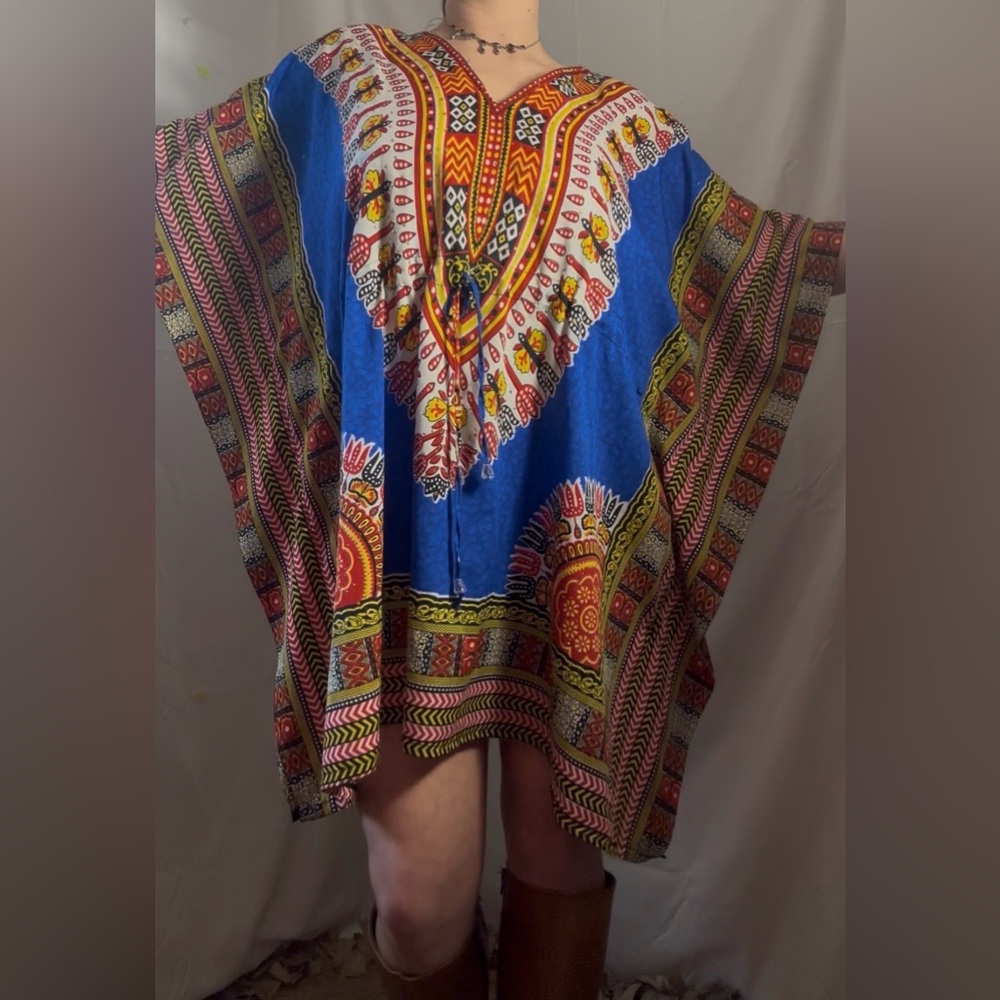 VTG‎ Dashiki Style Kaftan Royal Blue African Print Boho Mini Dress